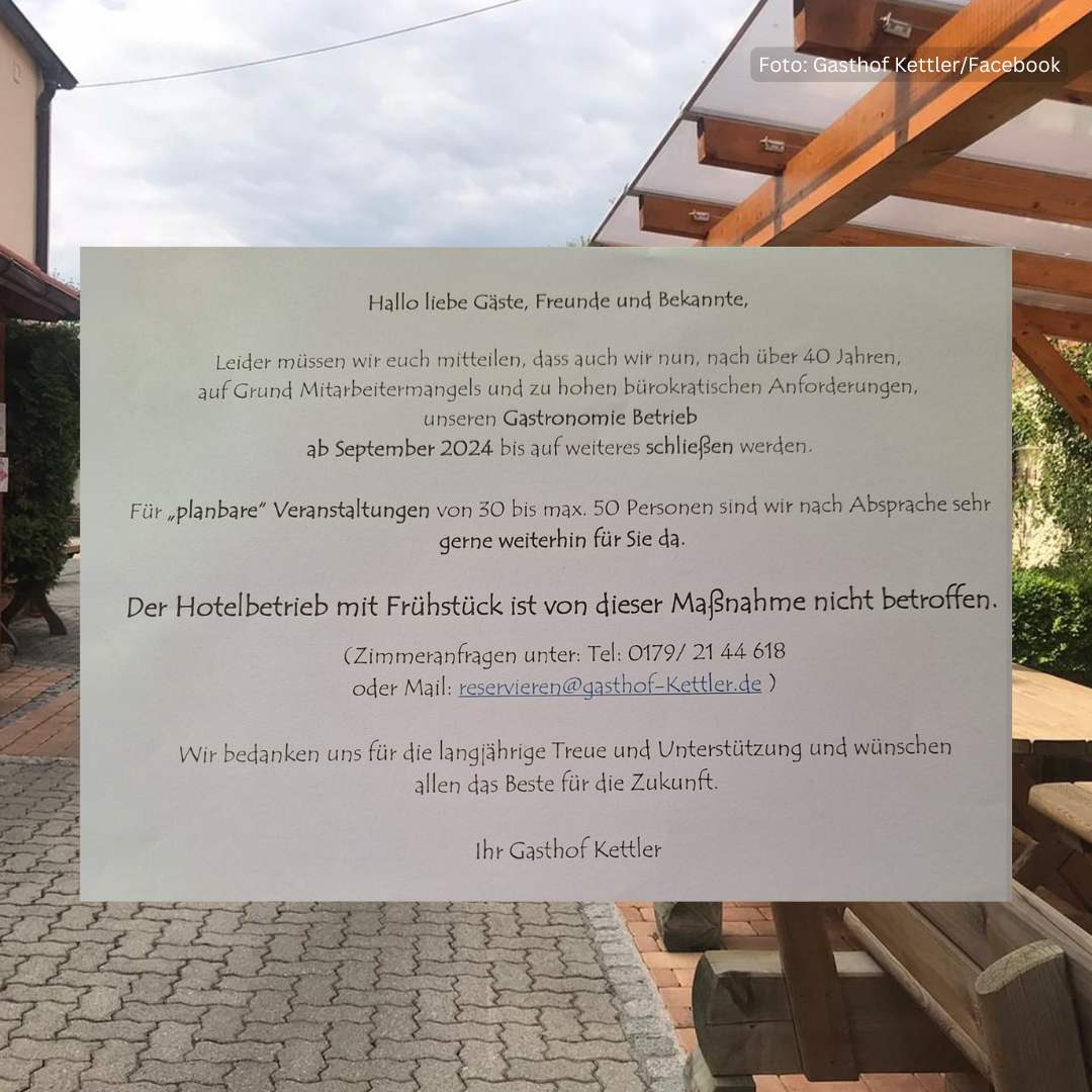 Der Gasthof Kettler in Oberasbach stellt seinen Gastronomiebetrieb ab September 2024 vorübergehend ein, der Hotelbetrieb bleibt jedoch weiterhin geöffnet.