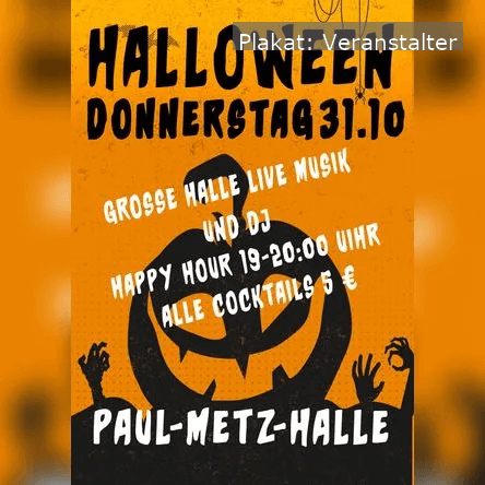 Die Paul-Metz-Halle in Zirndorf wird am 31. Oktober 2024 zur gruseligsten Partylocation der Region. Mit Live-Musik, DJ und Special Halloween Drinks wird die größte Halloween-Party in Mittelfranken ein Highlight für alle Feierfreudigen.