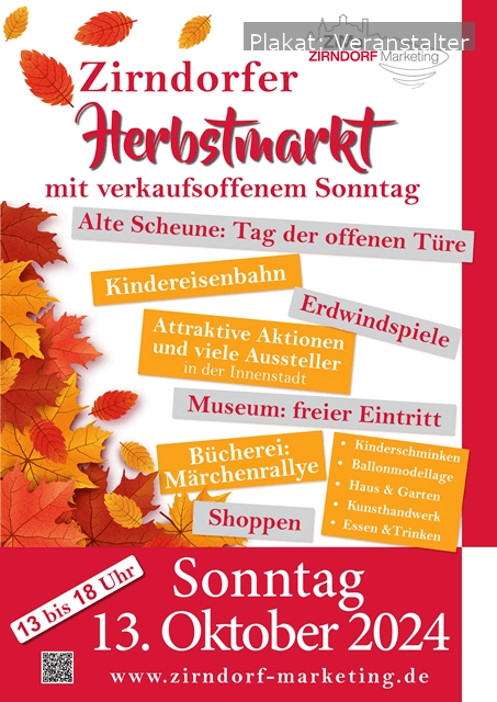 Der Herbstmarkt in Zirndorf am 13. Oktober 2024 bietet ein buntes Programm für die ganze Familie – von Marktständen über Mitmachaktionen bis hin zu kulinarischen Highlights