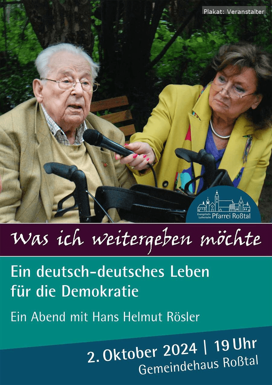 Hans Helmut Rösler teilt am 2. Oktober 2024 im evangelischen Gemeindehaus Roßtal seine Geschichte eines Lebens für die Demokratie.