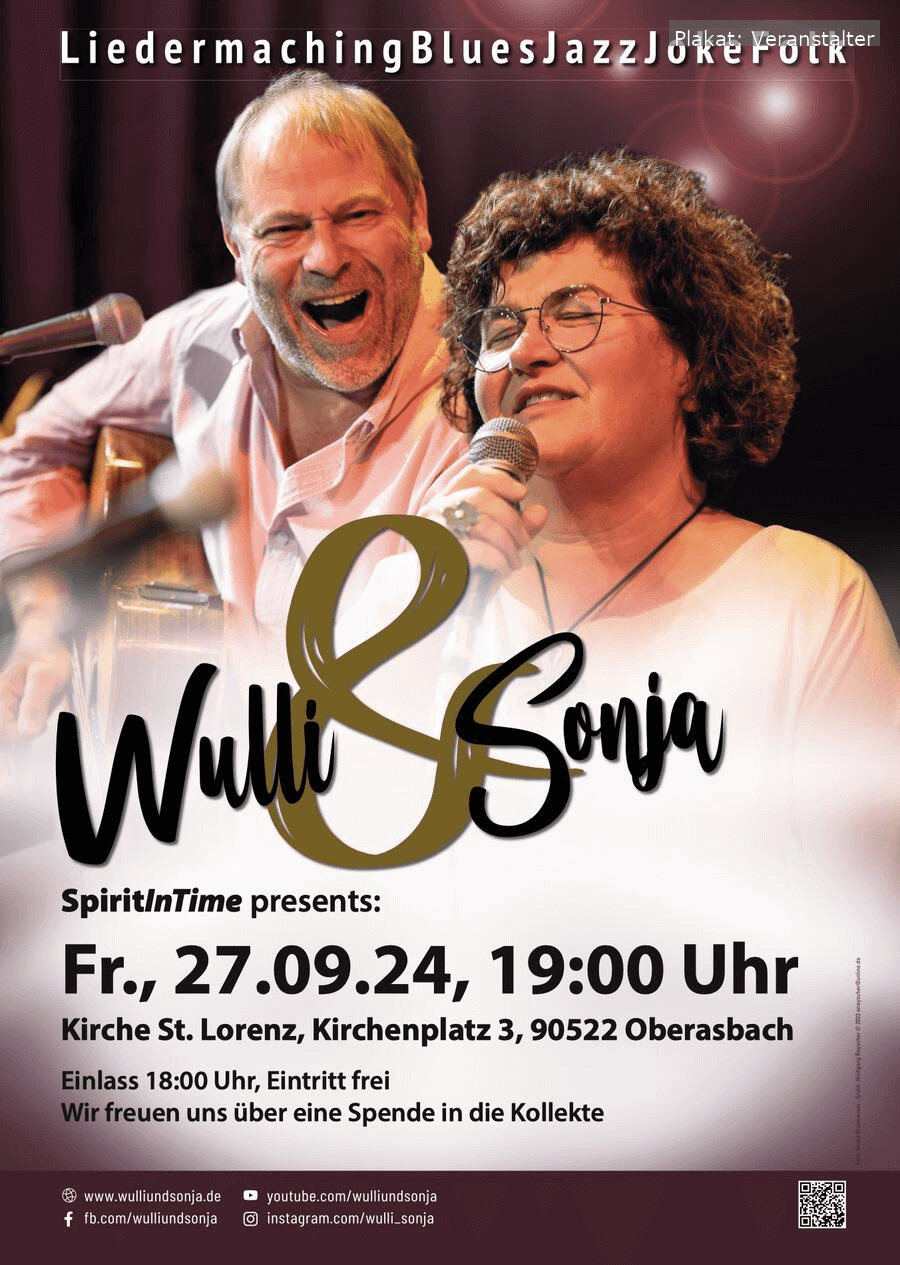 Wulli & Sonja bringen ihre einzigartige Mischung aus Liedermaching, Blues und Jazz am 27. September 2024 in die St. Lorenz Kirche Oberasbach.